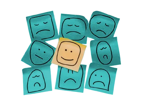 Notas adhesivas mostrando diferentes emociones asociadas con los TCA durante el proceso terapéutico.